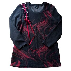 Michael Tyler Made in Canada Ribbon Lace-Up Top Black Red Swirl Long Sleeve Goth